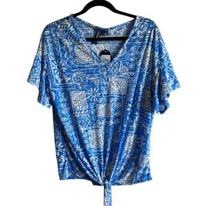 Casey Key Women’s V-Neck Short Sleeve Blue Patterned Burnout
Knit Blouse Size L